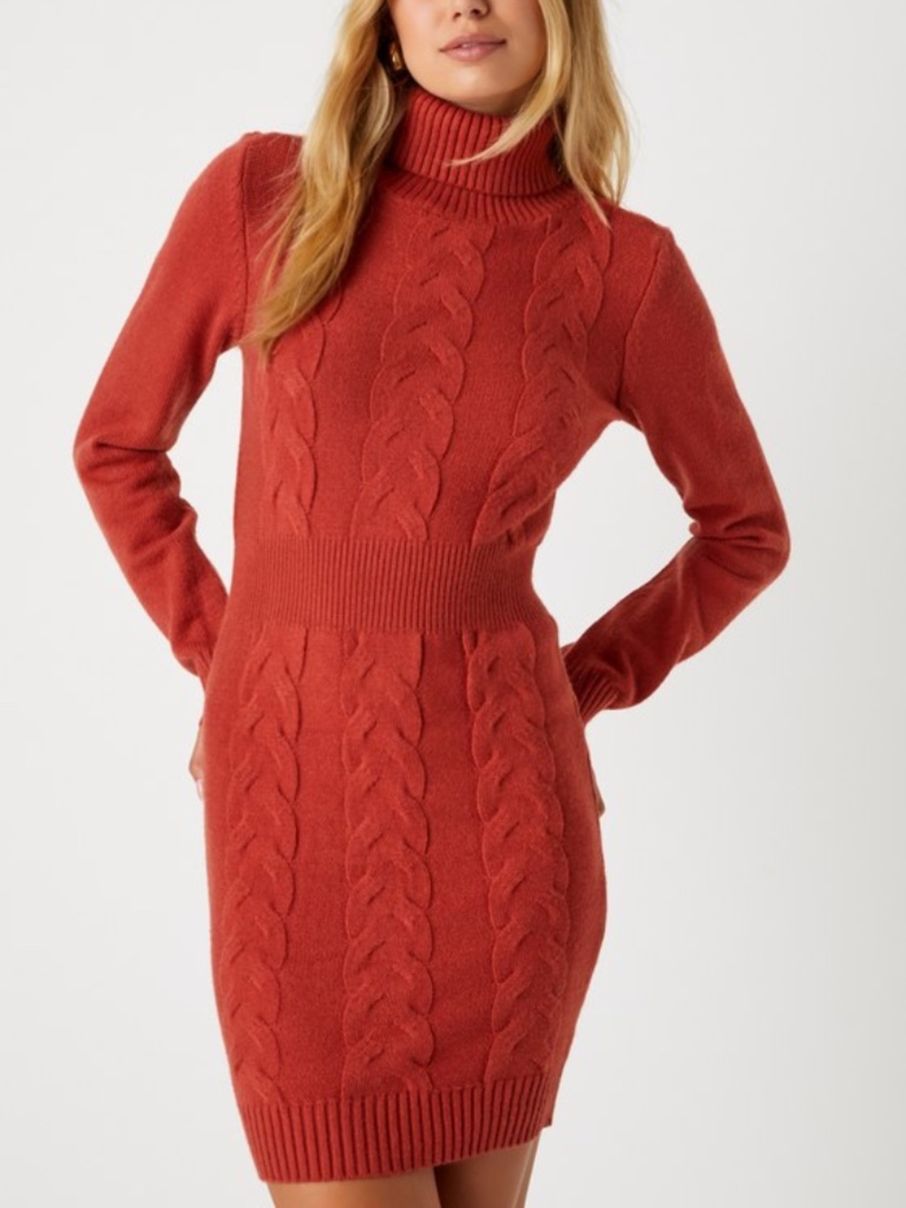 Lulus Plush Poise Burnt Orange Cable Knit Mini Sweater Dress - Size L